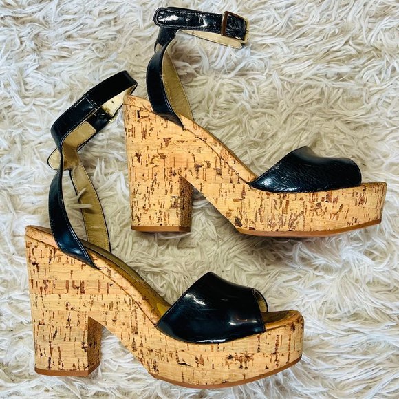 Stella McCartney Black Vegan Patent Leather Cork Platform Sandal Size 37 - Picture 4 of 10